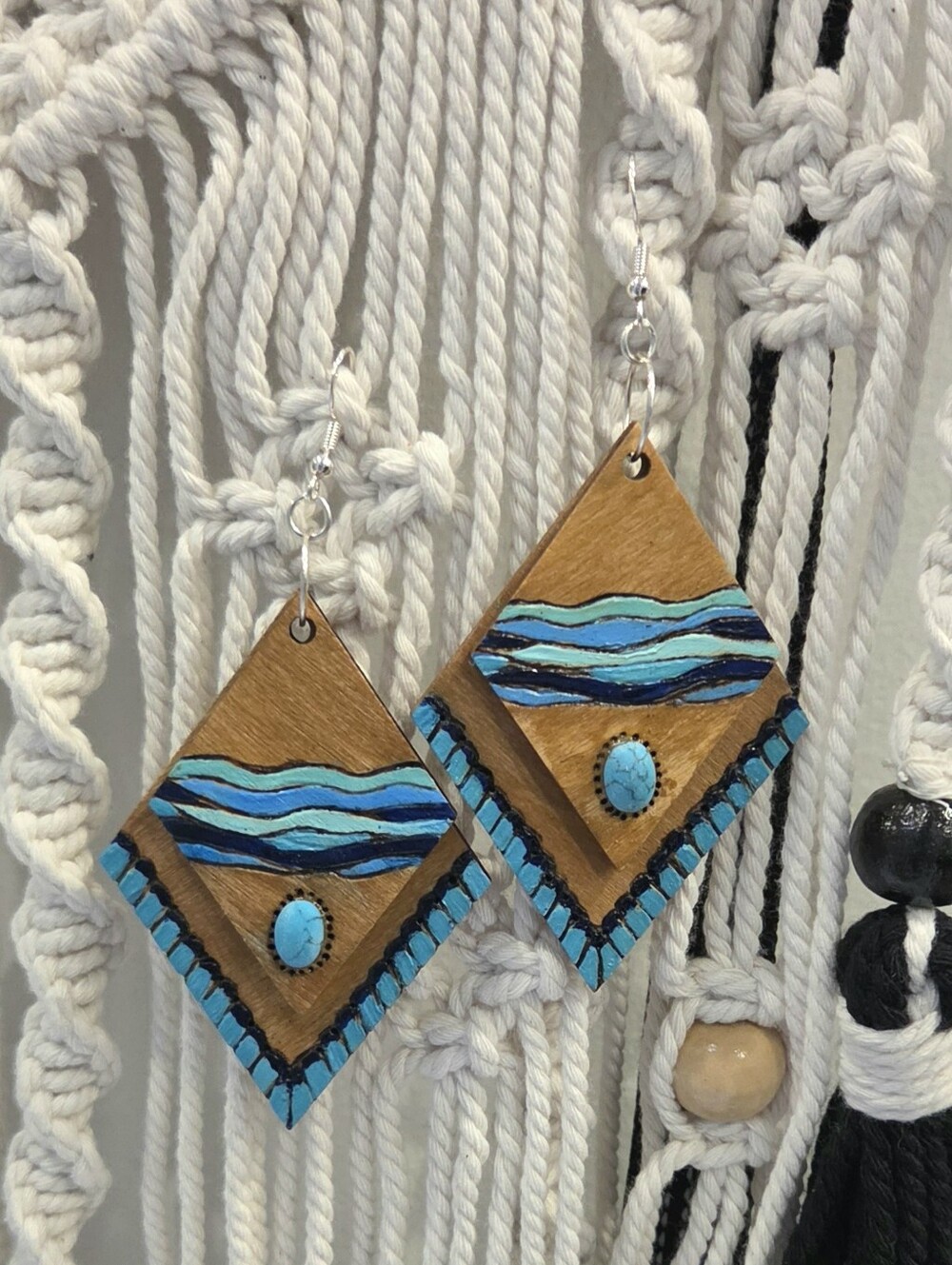 Handcrafted Turquoise and Burned Wood Diamond Boho Ocean Earrings 925 Sterling